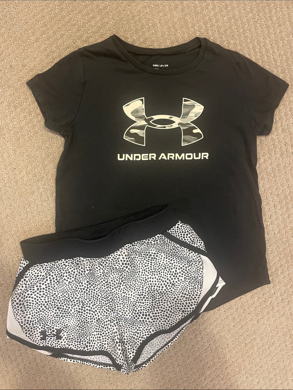 Under Armour Black Tee with Camouflage Logo & Black and White Dot Shorts